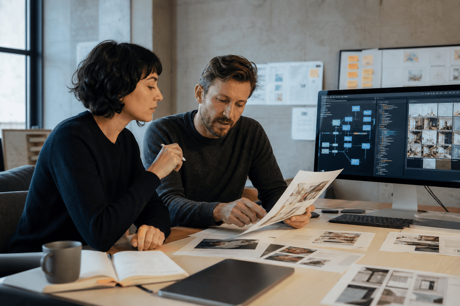 Domain expert and software developer reviewing an automated workflow and its outputs together