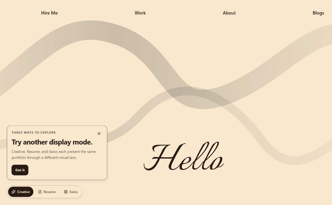 apnatva.dev portfolio showing its creative display mode and three-way mode switcher
