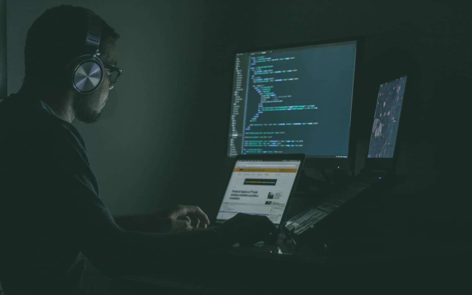Security engineer monitoring code across multiple screens